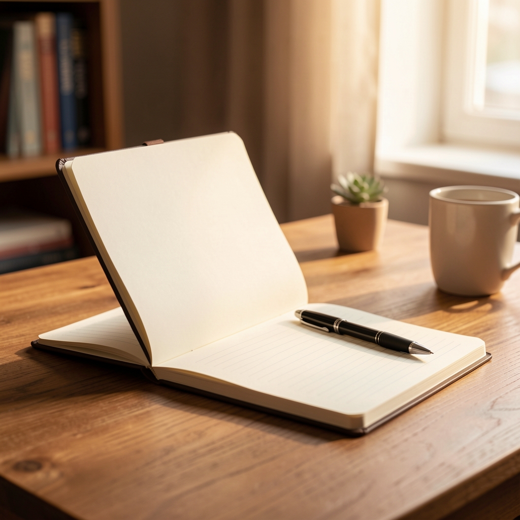 Ruhiger Arbeitsplatz mit aufgeklapptem Notizbuch, Stift und Tasse Tee, warmes Licht, redaktionelle Atmosphäre