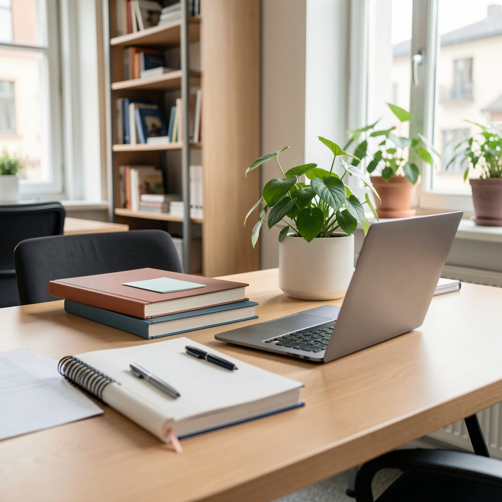 Schreibtisch mit Notizbüchern, einem Laptop und Pflanzenbehälter, helle redaktionelle Büroumgebung in Zürich