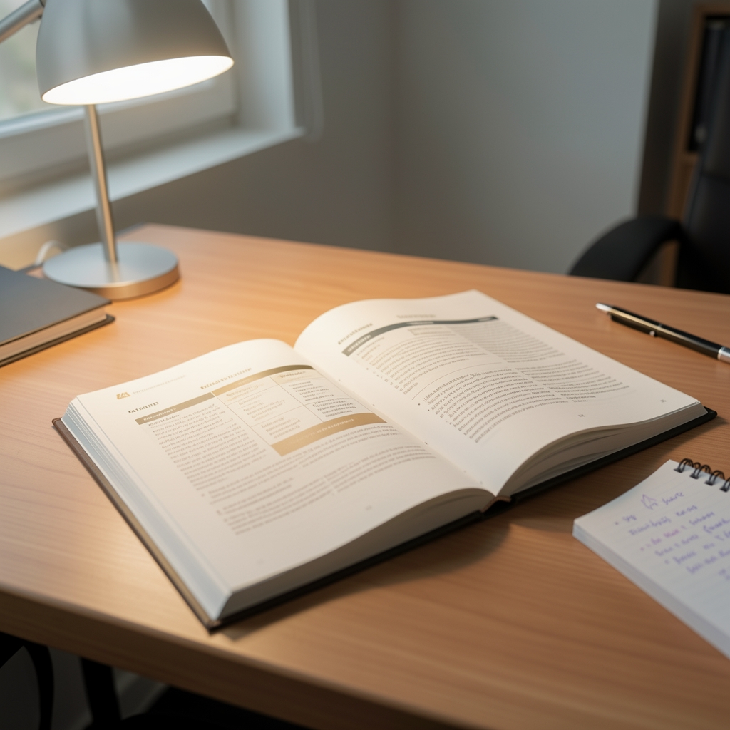 Nahaufnahme einer aufgeschlagenen Ernährungsstudie auf einem Schreibtisch, seitliches Studiumslicht, Notizen am Rand