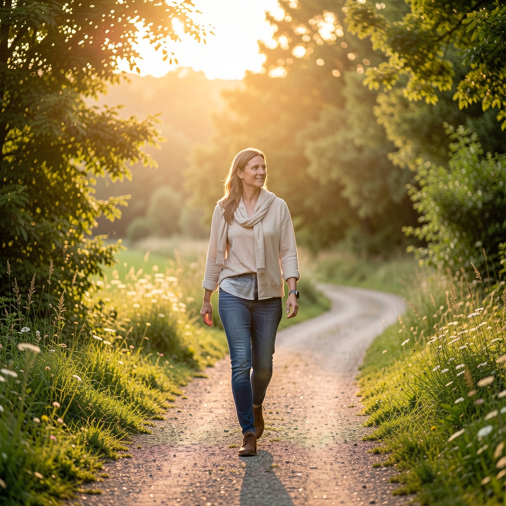 Frau beim zügigen Morgenspaziergang auf einem Schweizer Wanderweg, umgeben von grüner Natur, Sonnenaufgangslicht
